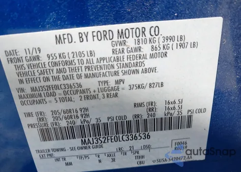 2020 Ford Ecosport S from USA, damaged, VIN MAJ3S2FE0LC336536